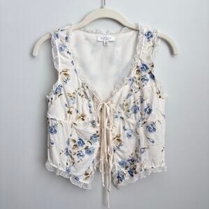 Kirious Los Angeles Lace Trim Cream Blue Floral Print Tie Front Vest Tank Top